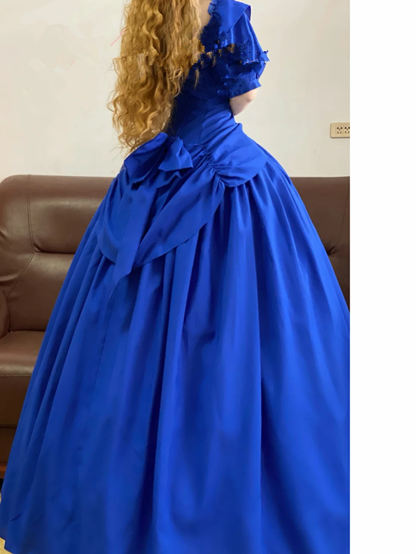 Blue Elegant Waist-Cinched Puffball Skirt Floor-Length Ball Gown, Bridal Gown R7348