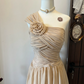 Khaki off-shoulder asymmetrical neckline with pleated waist long skirt for homecoming R4314