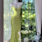 Light green halter-neck lace fitted waist bodycon long ball gown R7612