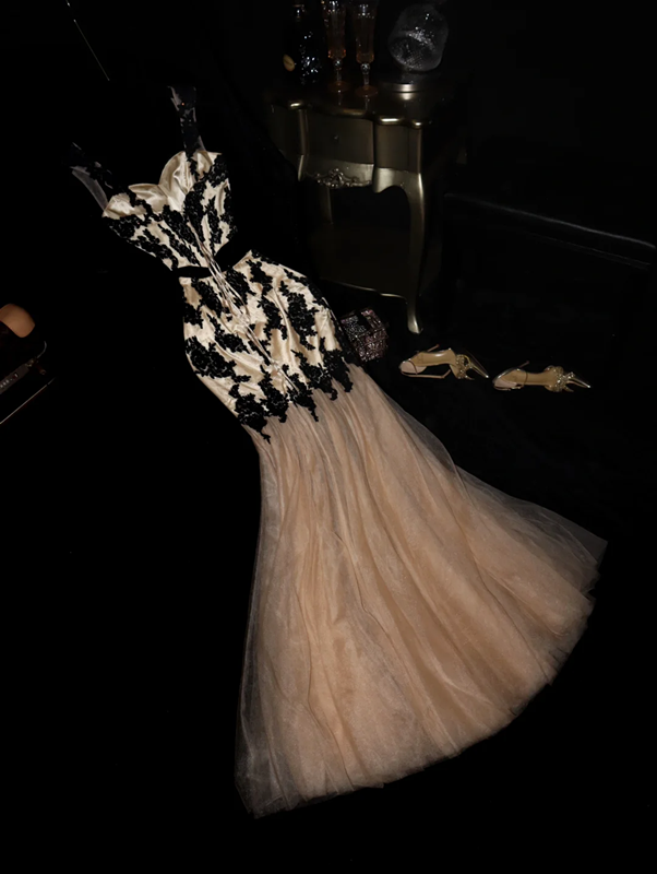 Apricot-colored black lace halter-neck bodycon long ball gown, alluring and sexy R6936