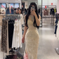 Light apricot spaghetti strap waist-cinching slim-fit mermaid sexy prom dress R7923