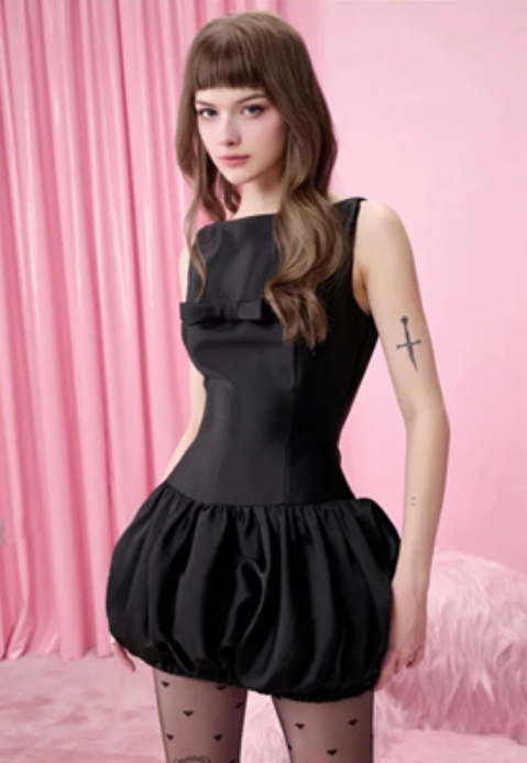 Black sleeveless slim waist slim flower bud skirt short skirt homecoming dress R4435
