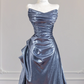 Gray-blue strapless fitted long ball gown R8257