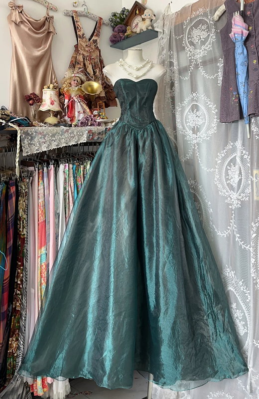 Gray green satin strapless slim waist A-line maxi ball gown R6137