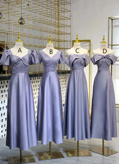 Light purple waist-cinched satin elegant slim-fit ball gown, bridesmaid dress R5938