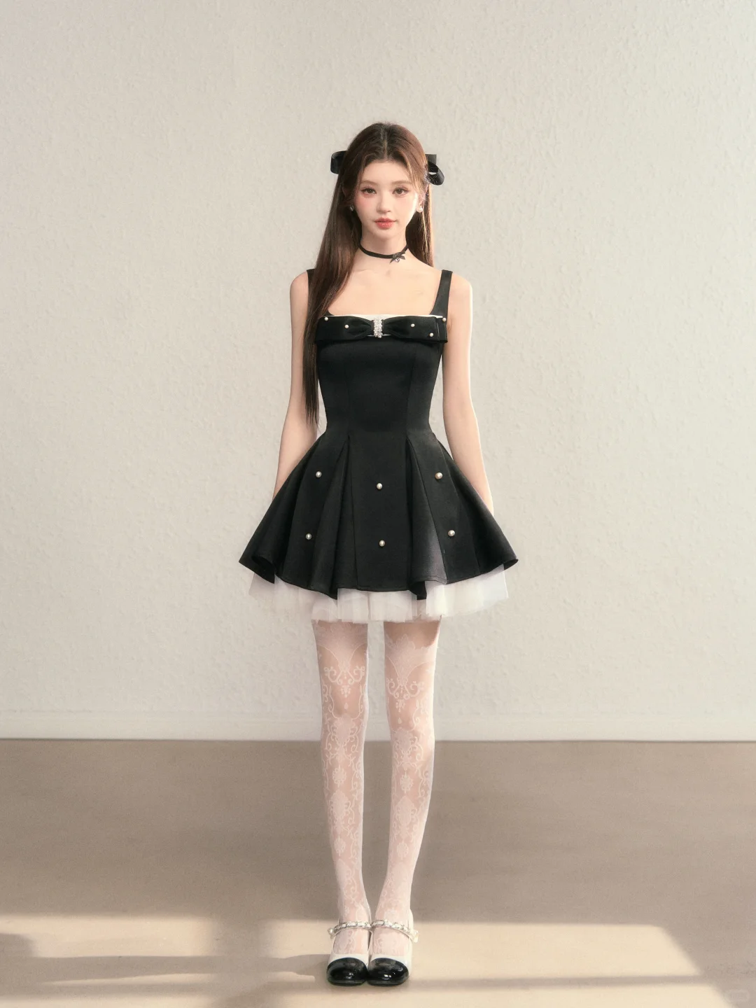 Black suspender waist slim A-line short skirt homecoming dress R5405