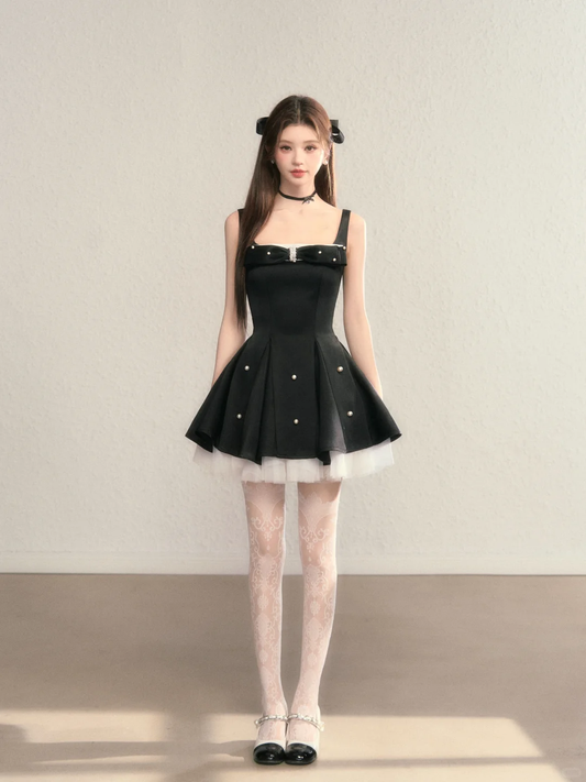 Black suspender waist slim A-line short skirt homecoming dress R5405