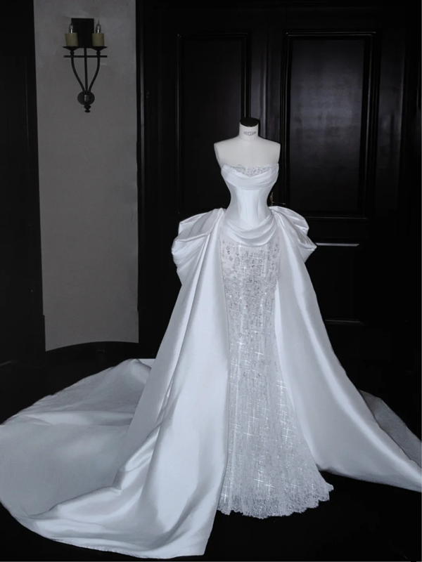 White satin tube top waist hip skirt, prom dress R5626