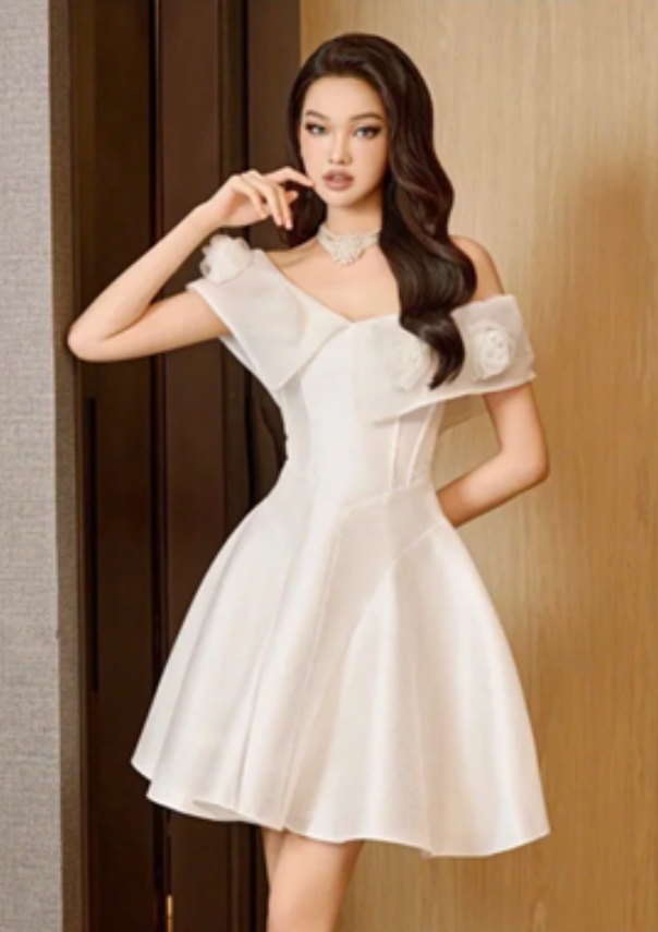White gentle design neckline one shoulder waist slim fit long skirt short skirt homecoming dress R4718