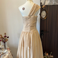 Khaki off-shoulder asymmetrical neckline with pleated waist long skirt for homecoming R4314