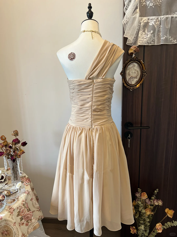 Khaki off-shoulder asymmetrical neckline with pleated waist long skirt for homecoming R4314