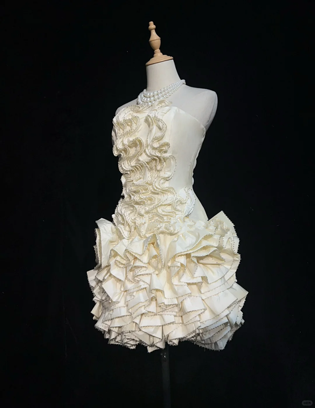 Apricot Strapless Pleated Waist Cake Skirt Homecoming Dress R4965