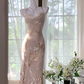 Light pink floral print halter-neck fitted long ball gown R7651