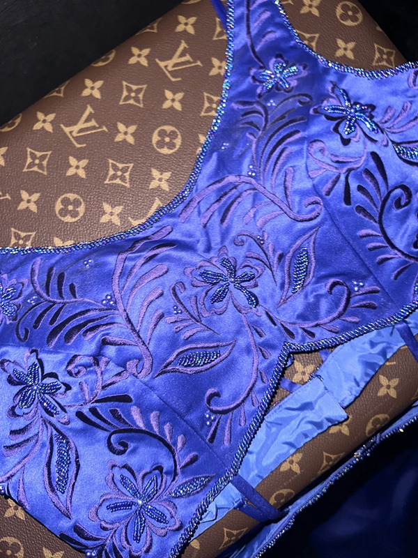 Purple halter-neck fitted satin long ball gown R6856