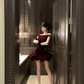 Dark red suspender waist slim hip bud skirt short skirt homecoming dress R5085