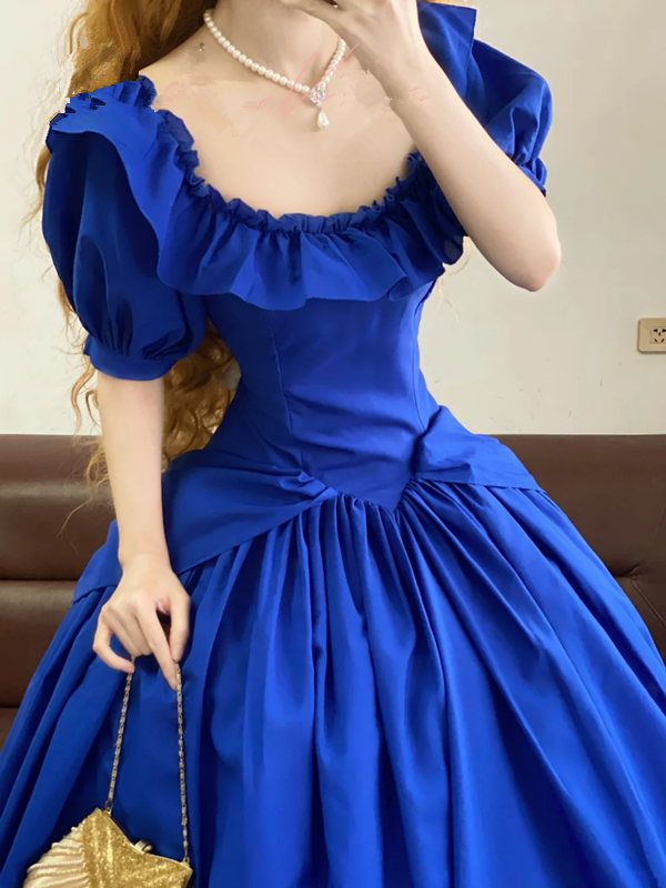 Blue Elegant Waist-Cinched Puffball Skirt Floor-Length Ball Gown, Bridal Gown R7348