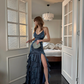 Dark gray-blue halter-neck fitted long sexy ball gown R8863