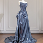 Gray-blue strapless fitted long ball gown R8257
