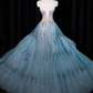 Light gray-blue strapless, fitted waist, full skirt, long ball gown R8923