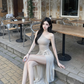 Light brown one-shoulder fitted waist bodycon long sexy ball gown R7536