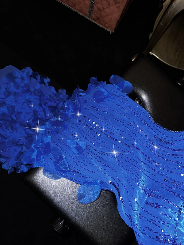 Blue halter-neck, fitted waist, elegant floral skirt, long ball gown R7056