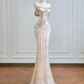Silver off-the-shoulder fitted bodice, light pink bodycon long ball gown R8202