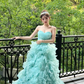 Lake Blue Strapless Waist-Cinched Tiered Tulle Floor-Length Prom Dress R7096