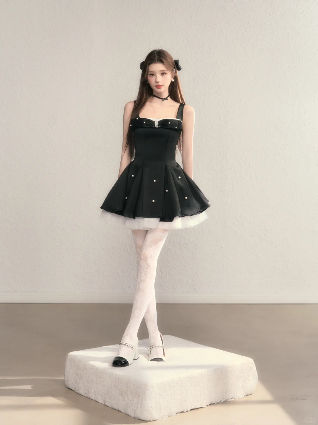 Black suspender waist slim A-line short skirt homecoming dress R5405