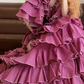 Pink V-neck Waist-Cinched Tiered Skirt Ball Gown & Bridal Gown R7378