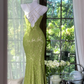 Light green halter-neck lace fitted waist bodycon long ball gown R7612