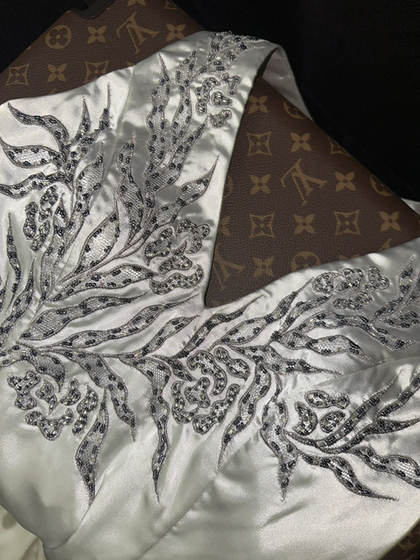 White halter-neck, fitted waist, elegant long ball gown R6976