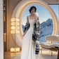 White halter-neck fitted ball gown with a full skirt, elegant and sophisticated R8042