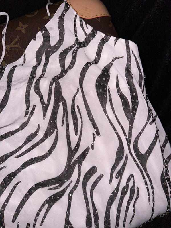 White with black stripes, halter neck, fitted waist, elegant long ball gown R6896