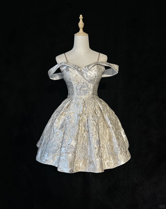 Silver retro pattern suspenders one shoulder waist slimming princess skirt homecoming dress R4924