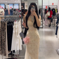 Light apricot spaghetti strap waist-cinching slim-fit mermaid sexy prom dress R7923