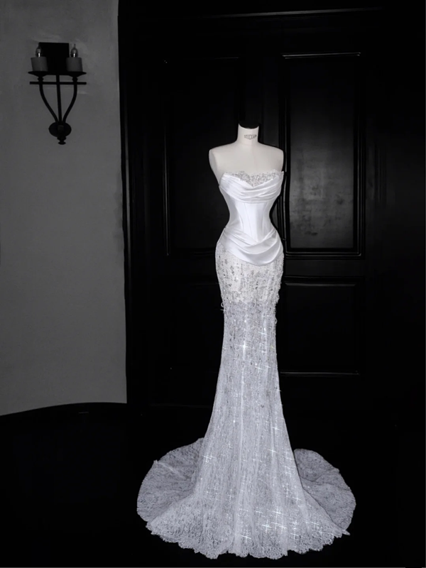 White satin tube top waist hip skirt, prom dress R5626