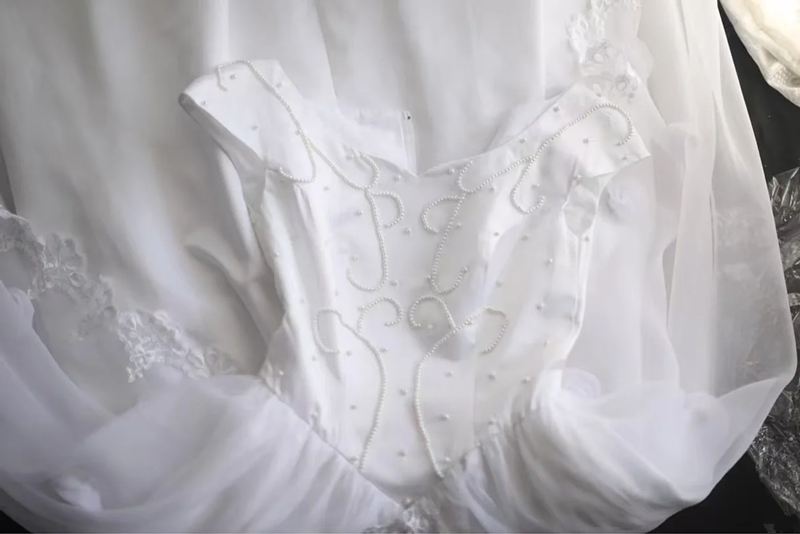 White beaded, fitted waist, classic and elegant long ball gown/bridal dress R6816