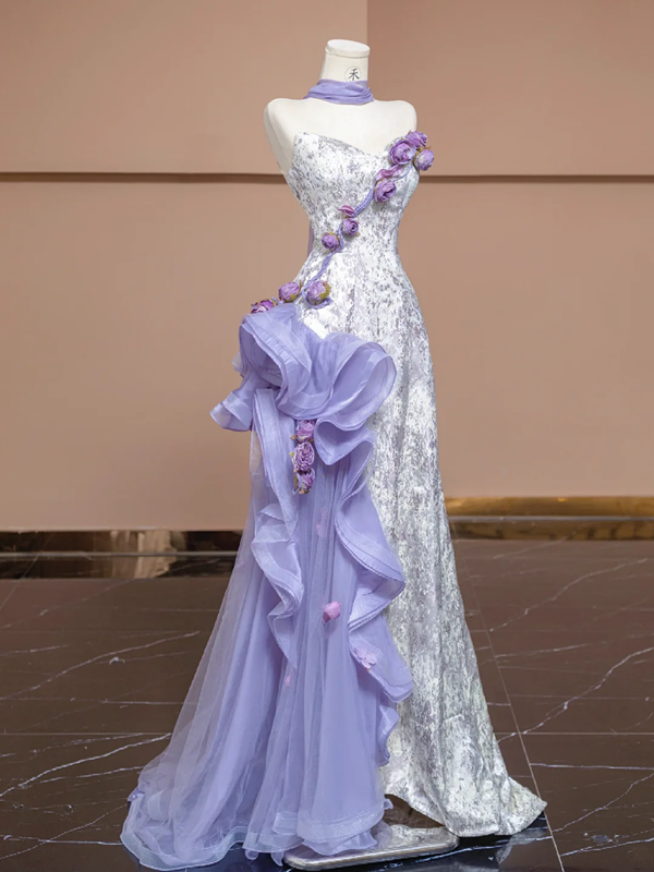 Light purple strapless 3D floral dress with a fitted waist and A-line skirt, a stylish ball gown/bridal gown R8287