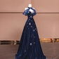 Dark blue strapless, fitted A-line long ball gown R8378