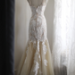 White halter-neck floral-stitched fitted waist, apricot-colored full skirt, bodycon long ball gown, bridal dress R6776