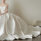 White strapless, waist‑cinching, vintage‑patterned, long ball gown with a fluffy skirt, wedding dress R8002