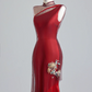 Red one-shoulder fitted waist slim-fitting hip-hugging sexy long ball gown R8150
