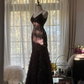 Black halter-neck fitted sequined long ball gown R7732