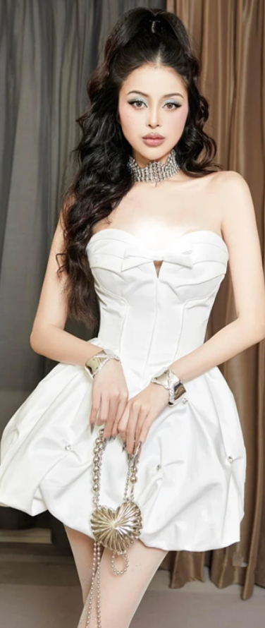 White tube top waist satin slim temperament flower bud skirt short skirt homecoming dress R4677