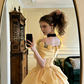 Light yellow off-shoulder fitted waist puff skirt long princess ball gown R8620