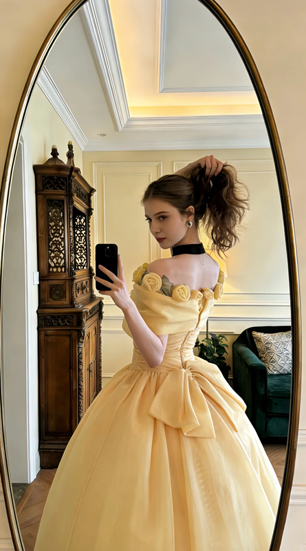 Light yellow off-shoulder fitted waist puff skirt long princess ball gown R8620