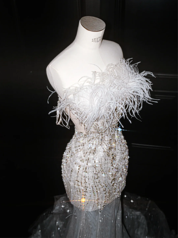 White tube top feather waist slim sequin fishtail maxi dress, prom dress R5662