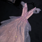 Light pink sequined V-neck fitted A-line long ball gown, bridal dress R8773