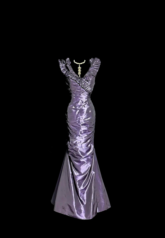 Light grayish purple sleeveless fitted waist pleated hip-hugging sexy long ball gown R6657