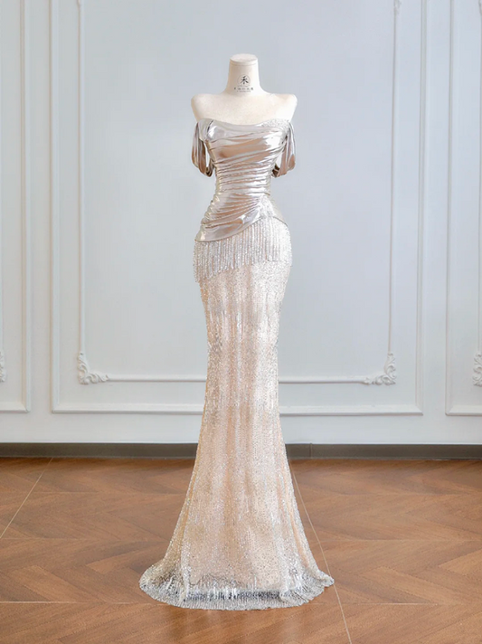 Silver off-the-shoulder fitted bodice, light pink bodycon long ball gown R8202